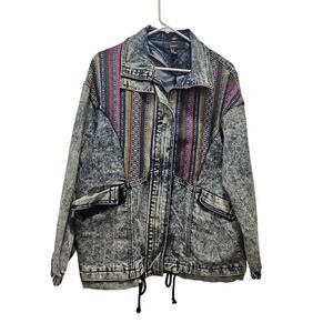 Y2K Southwestern Tapestry Denim Jacket Acid Wash Oversized Utility Coat M
